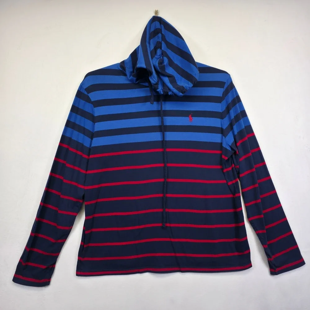 Polo Ralph Lauren Hoodie Sweater Mens L Blue Striped Hooded Lightweight Preppy